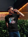 Black short-sleeved t-shirt with a colorful graphic design of two hands holding a spray paint can and a paint roller.