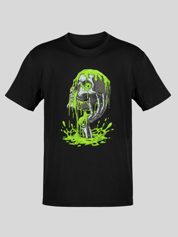 Black short-sleeved t-shirt featuring a graphic of a skull with green slime dripping from it