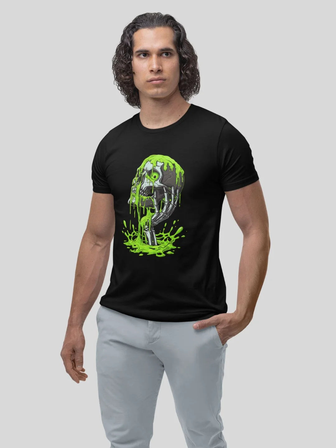 Black short-sleeved t-shirt featuring a vibrant green slime-covered robot skull graphic
