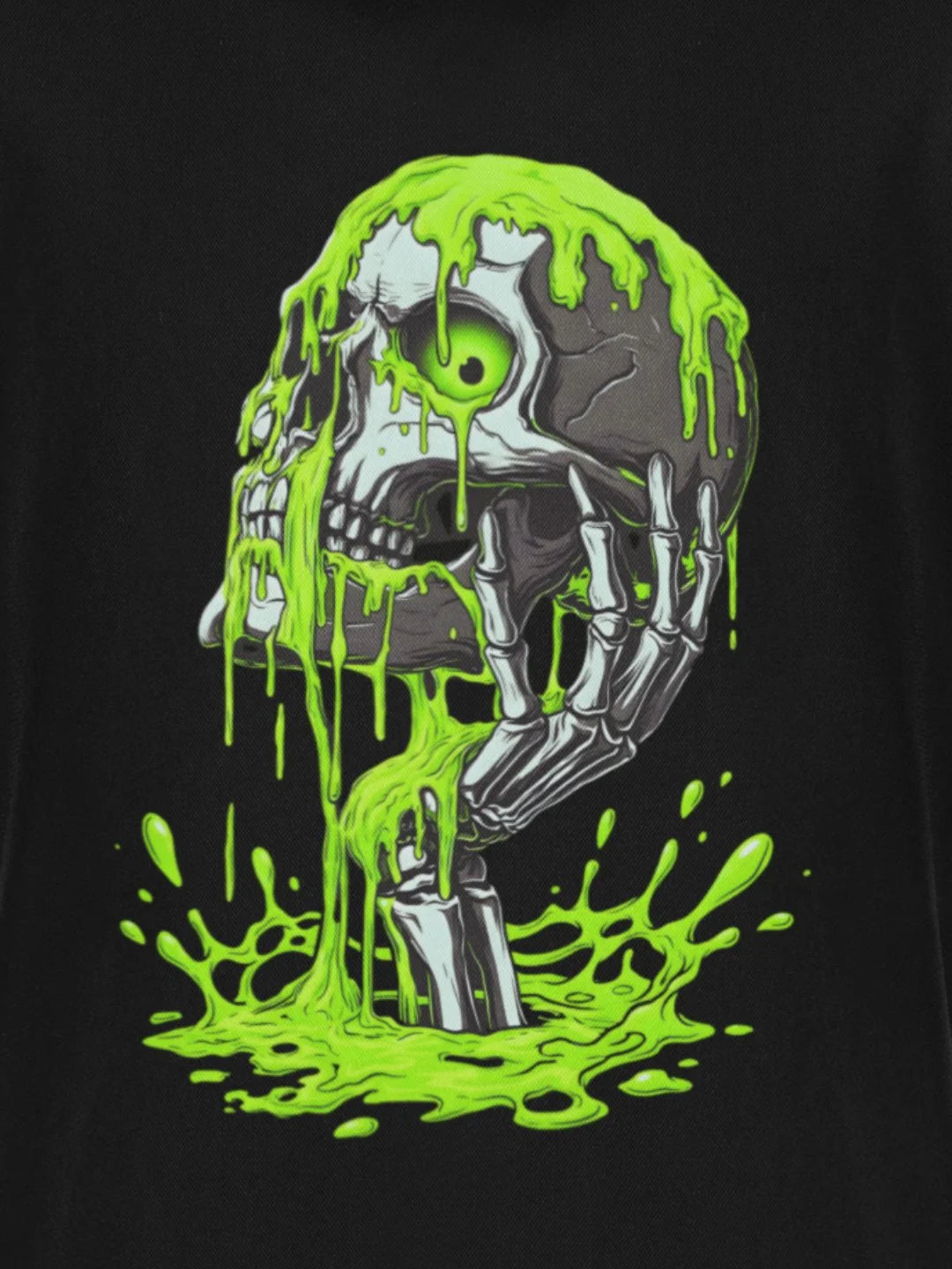 Black t-shirt featuring a graphic of a skull with glowing green slime dripping from its head and hand, set against a dark background