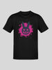 Black crew-neck t-shirt with a pink paint splatter and dark purple bunny graphic.