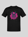 Black crew-neck t-shirt with a pink paint splatter and dark purple bunny graphic.