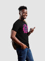 A black short-sleeve t-shirt with a pink dripping bunny face graphic.