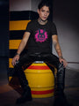 Black t-shirt with a pink bunny face graphic