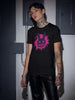 A black t-shirt with a pink splattered bunny graphic.