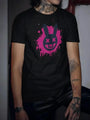 Black short-sleeved t-shirt with a pink splattered cartoon bunny design.