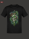 Black short-sleeved t-shirt featuring a vivid graphic of a skull with glowing green eyes, entwined by a coiled snake and pierced through by a dagger