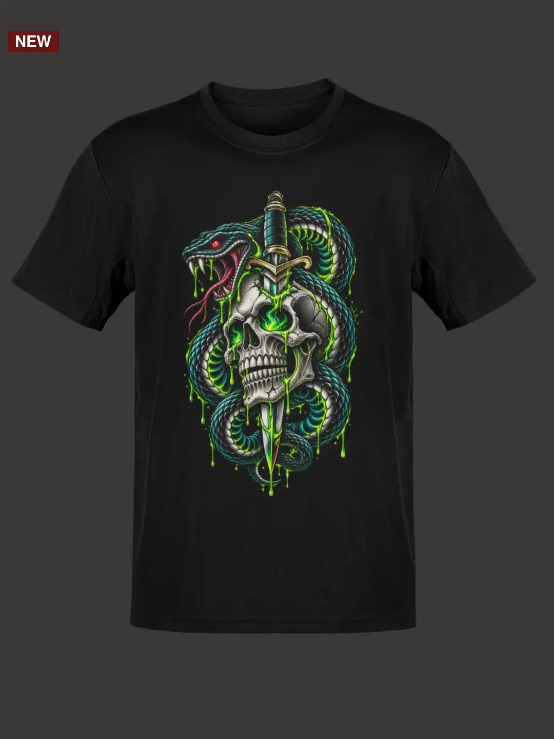 Black short-sleeved t-shirt featuring a vivid graphic of a skull with glowing green eyes, entwined by a coiled snake and pierced through by a dagger
