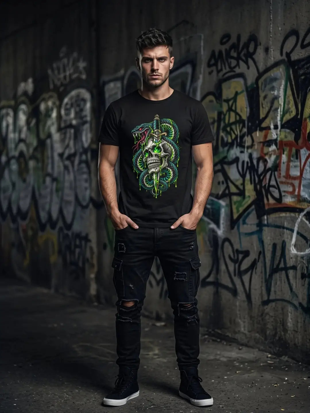 Black t-shirt featuring a vibrant green skull and snake graphic design