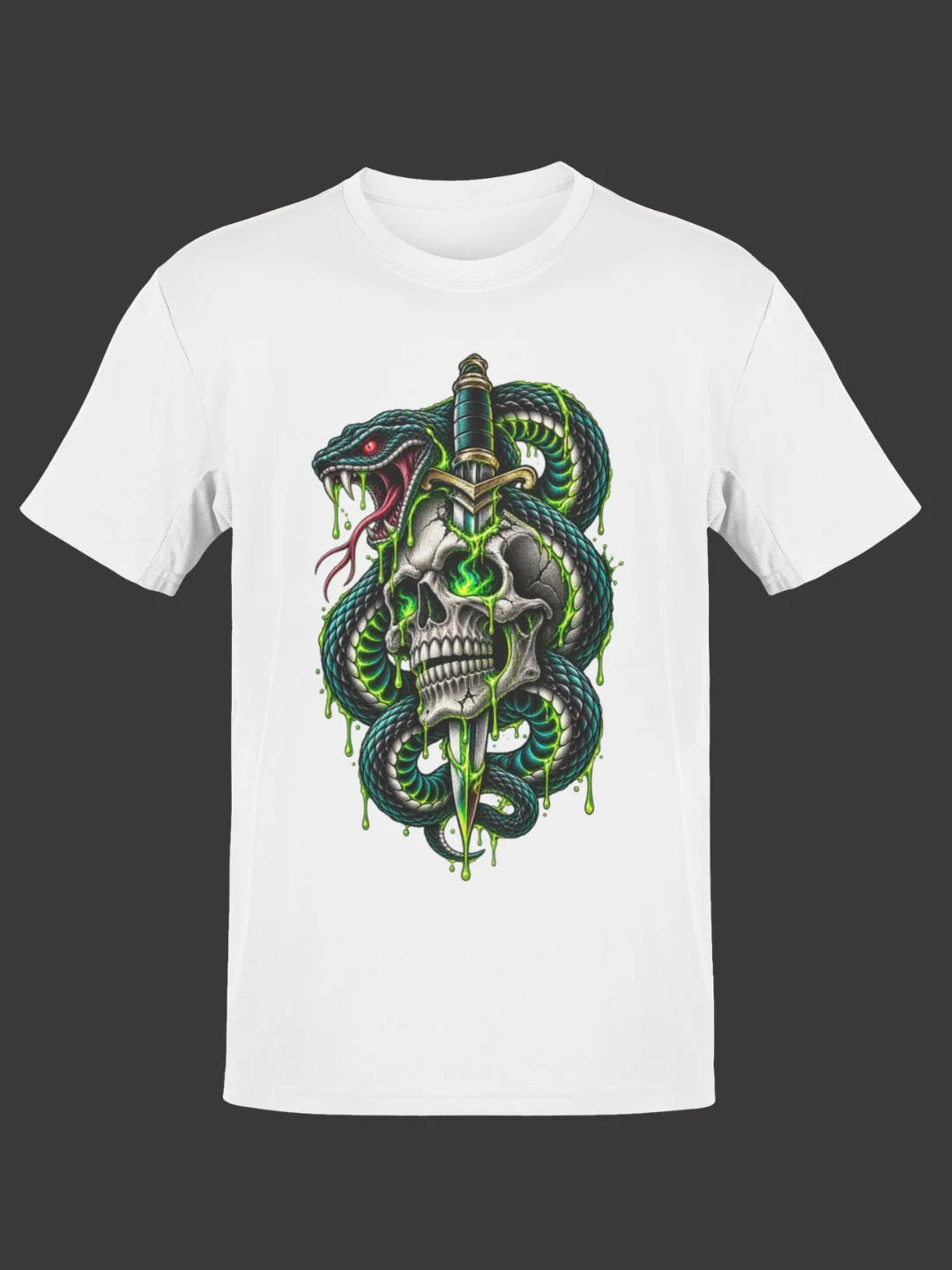White cotton t-shirt featuring a detailed graphic of a green snake coiled around a skull with a dagger piercing through it, dripping with glowing green liquid