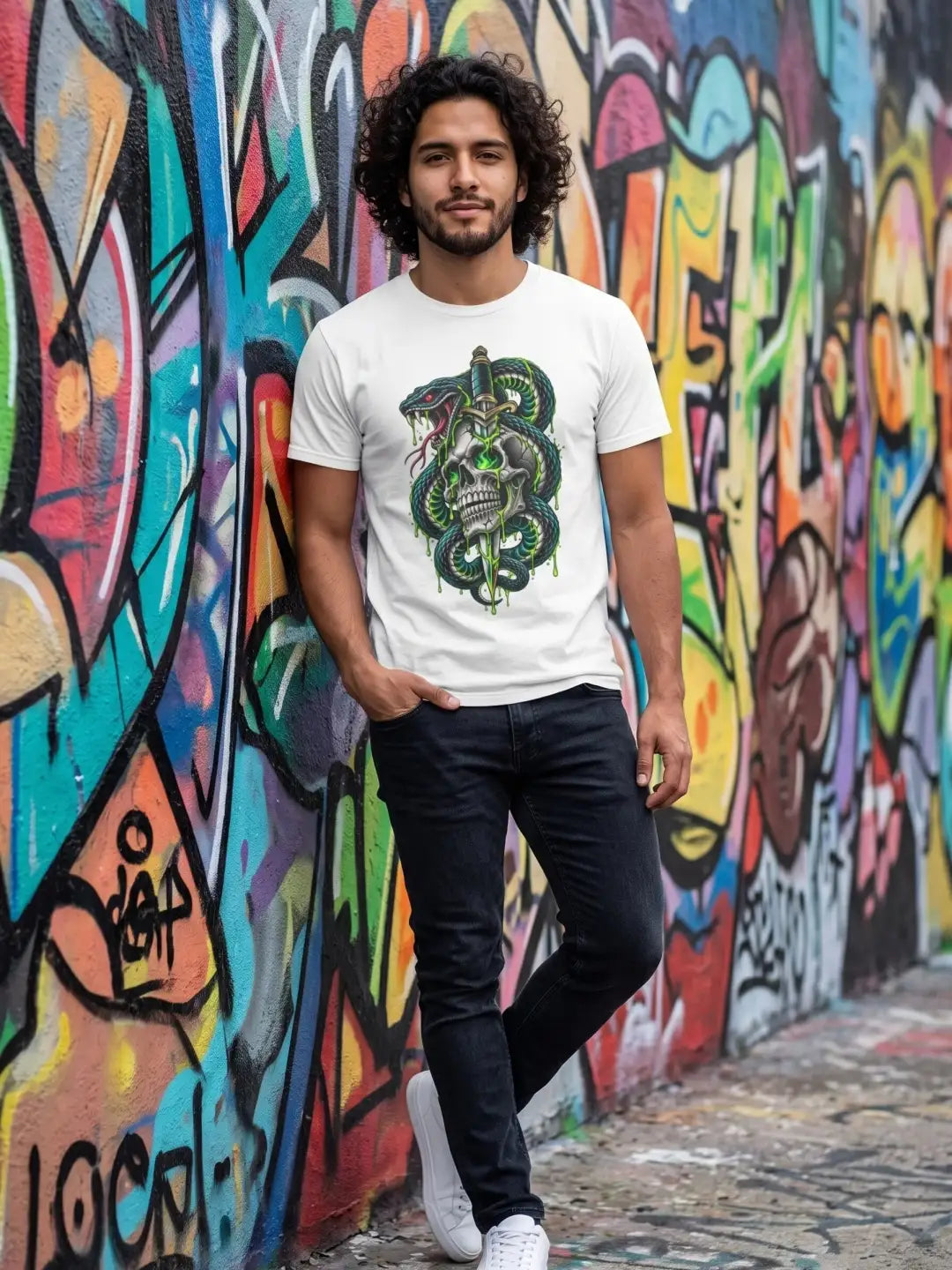 White t-shirt featuring a detailed graphic of a green snake coiled around a skull with glowing eyes