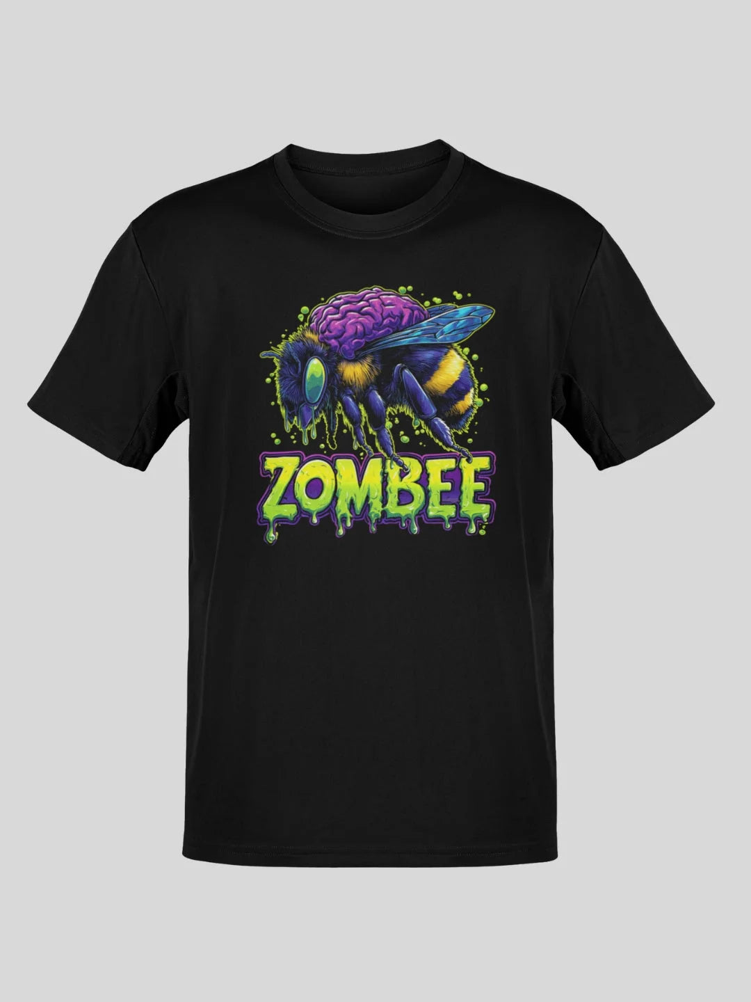 Black short-sleeved t-shirt featuring a vibrant zombie bee graphic with purple brain, yellow and black stripes, green eyes, and the word ’zombee’ in dripping neon-green lettering