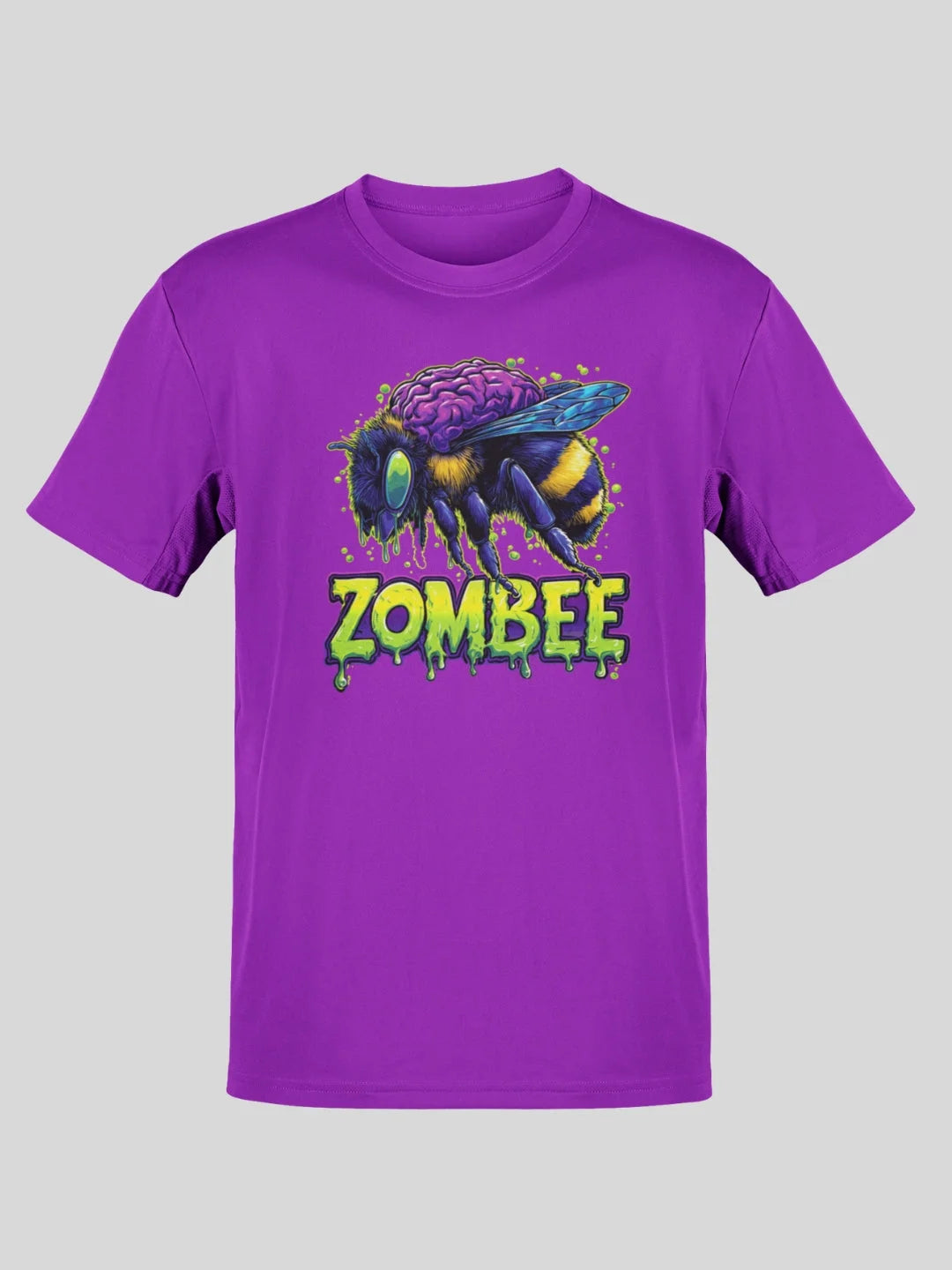 Purple t-shirt featuring a vibrant zombie bee graphic with glowing green text below