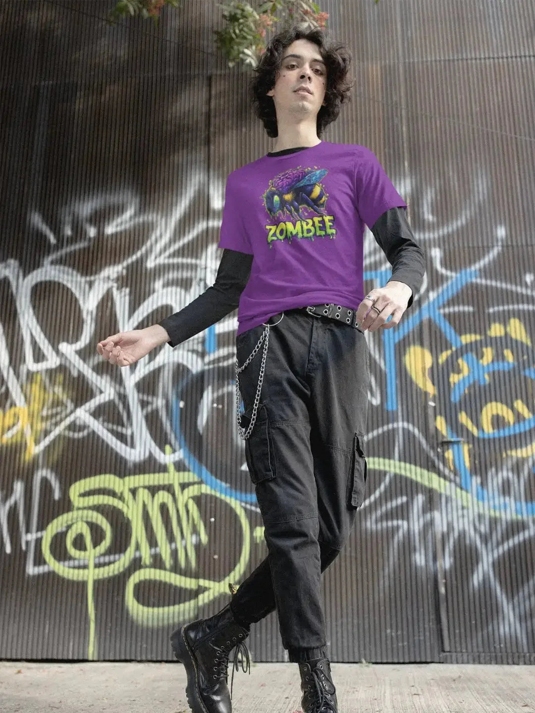 Purple ’zombee’ graphic tee with a vibrant bee design and black long-sleeve layer underneath