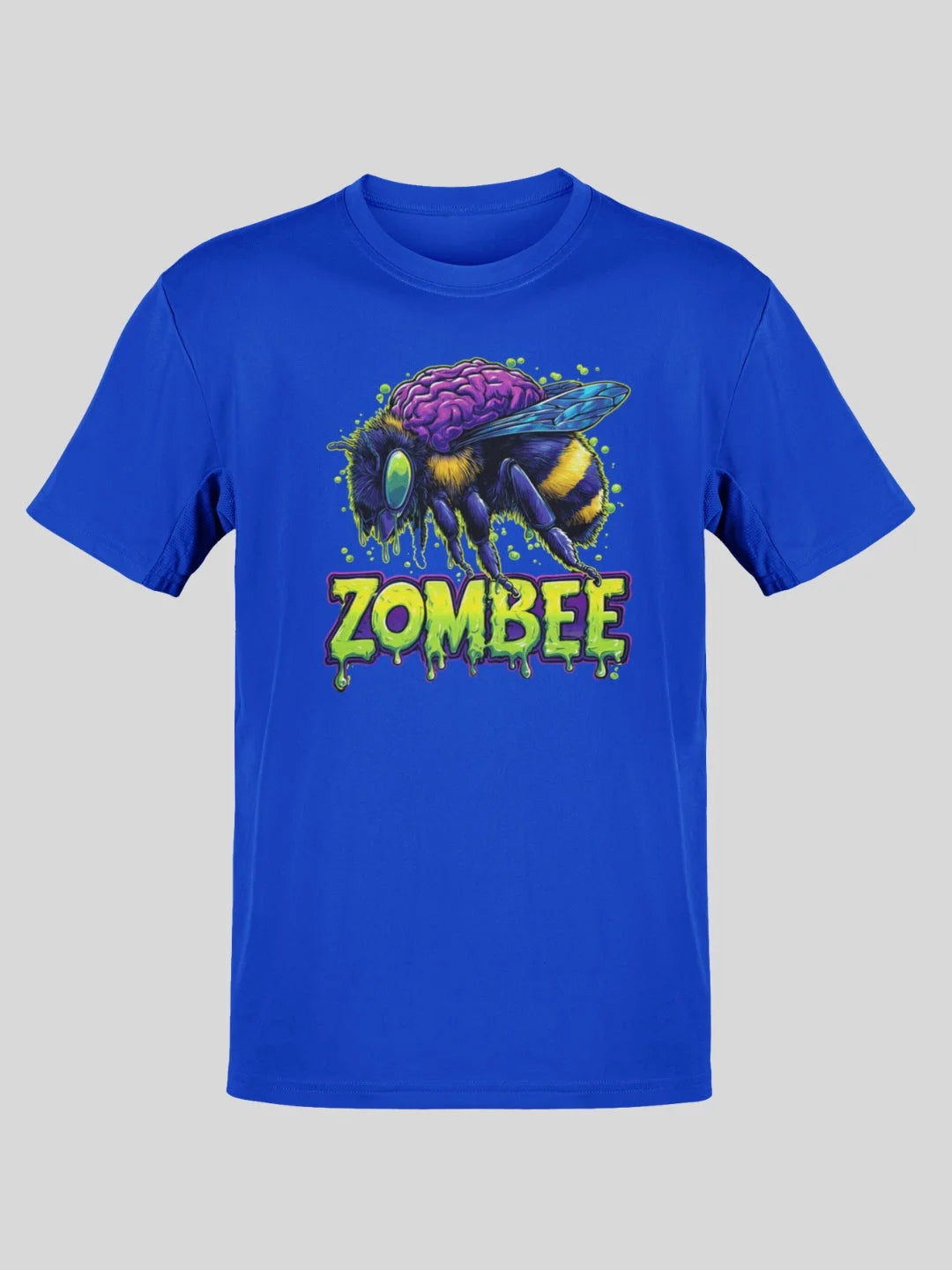 Royal blue cotton t-shirt featuring a vibrant zombie bee graphic with purple brain and yellow stripes, accented by green dripping text that reads ’zombee.’